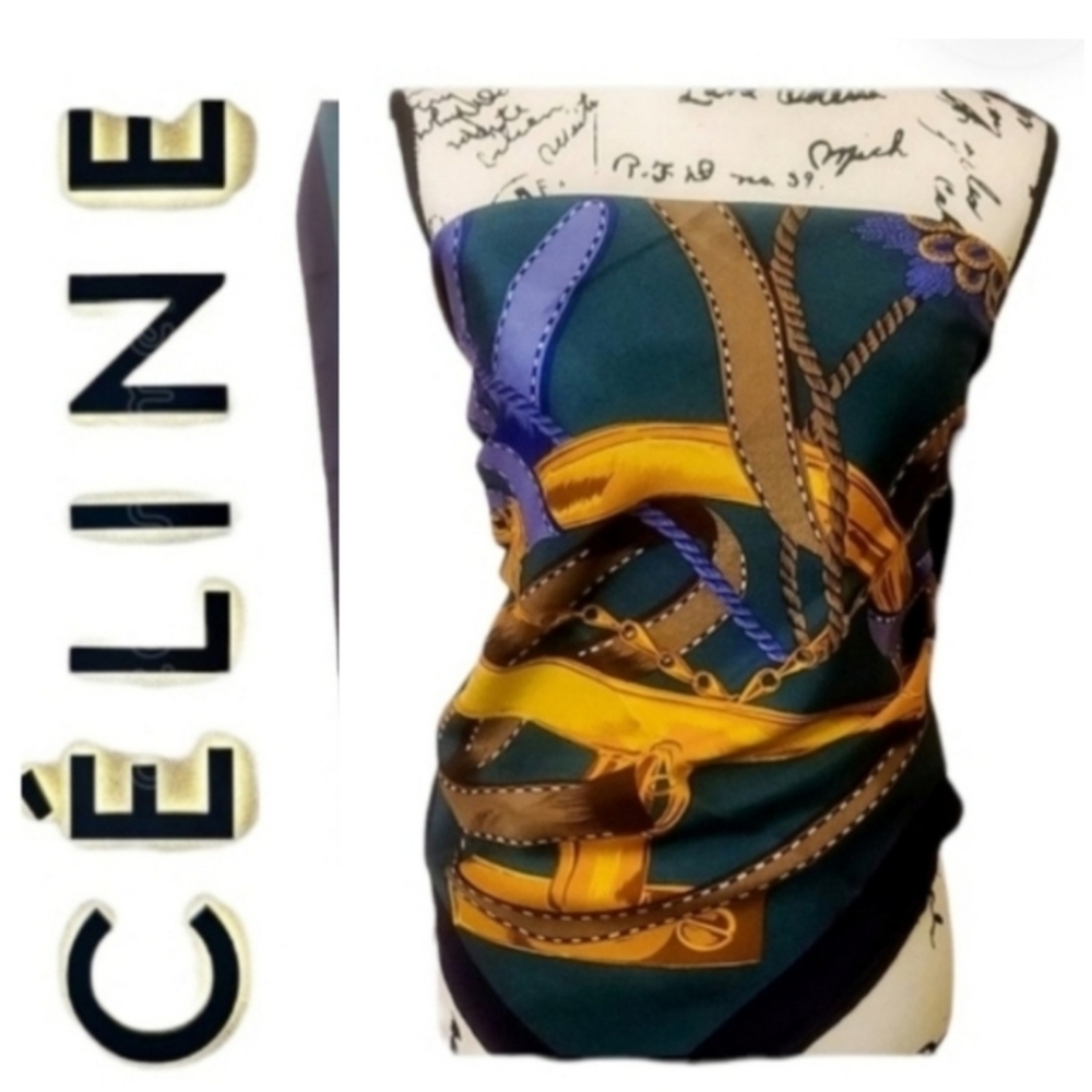 Celine Navy Blue Brown Gold Printed Silk Scarf - Picture 12 of 13